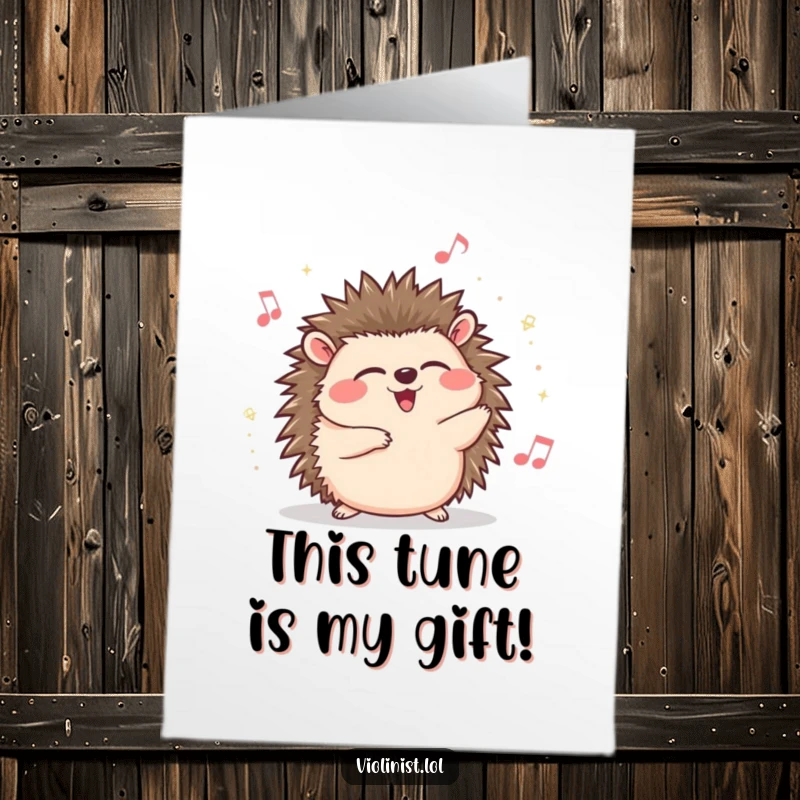 Funny Free Printable Birthday Card: Giggling hedgehog with closed eyes, swaying joyfully to unseen music, radiating pure delight.