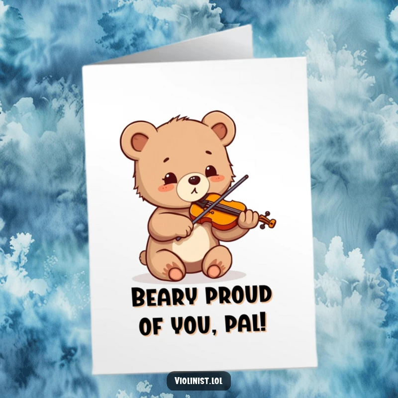 Free Printable Congratulations Card: A small bear cub with wide eyes playing the violin with great enthusiasm.