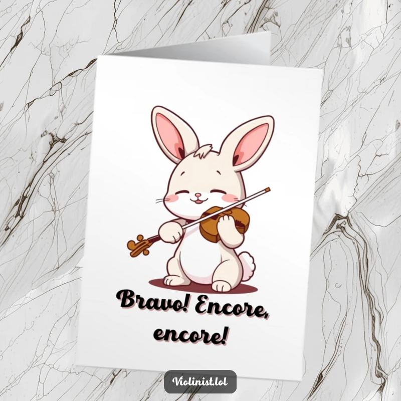 Funny Free Printable Congratulations Card: Happy bunny blissfully playing violin, celebrating a wonderful achievement with music.