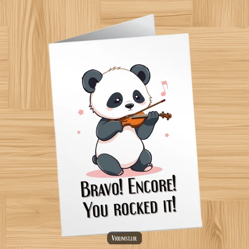 Funny Free Printable Congratulations Card: Playful panda sways while playing the violin, celebrating success with music.
