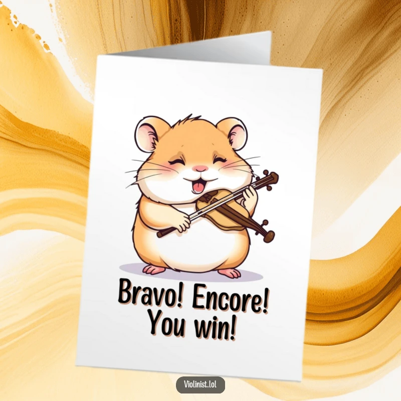 Funny Free Printable Congratulations Card: Hamster intently sawing a violin, depicting concentrated effort and humor.