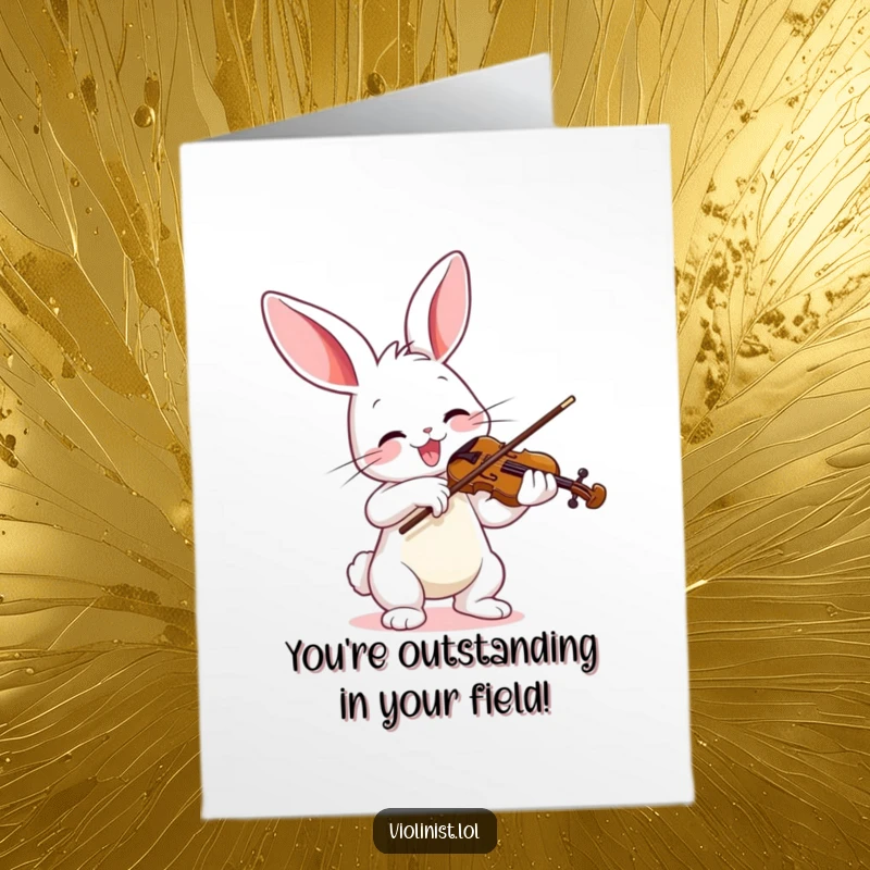 Funny Free Printable Congrats Card: Bunny enthusiastically playing violin, celebrating success with musical flair and a vibrant bow.