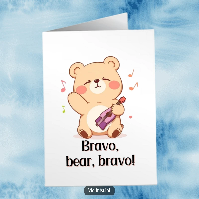 Funny Free Printable Congrats Card: Bear Bowing with Eyes Closed, Deeply Immersed in Musical Bliss