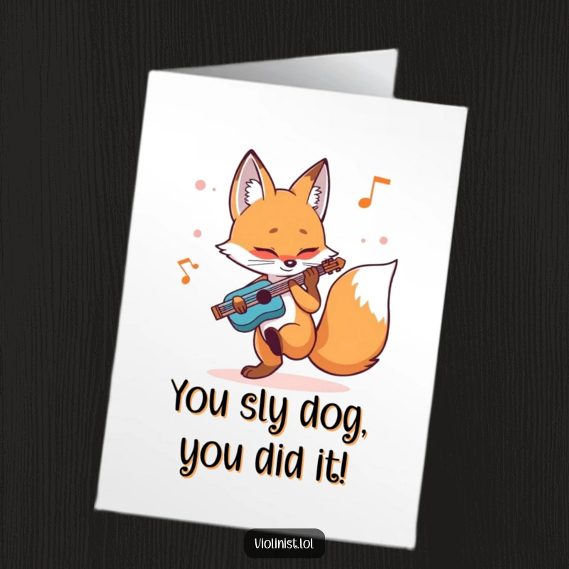 Free Printable Congratulations Card: A determined fox intensely plays a melody, foot tapping to the beat.