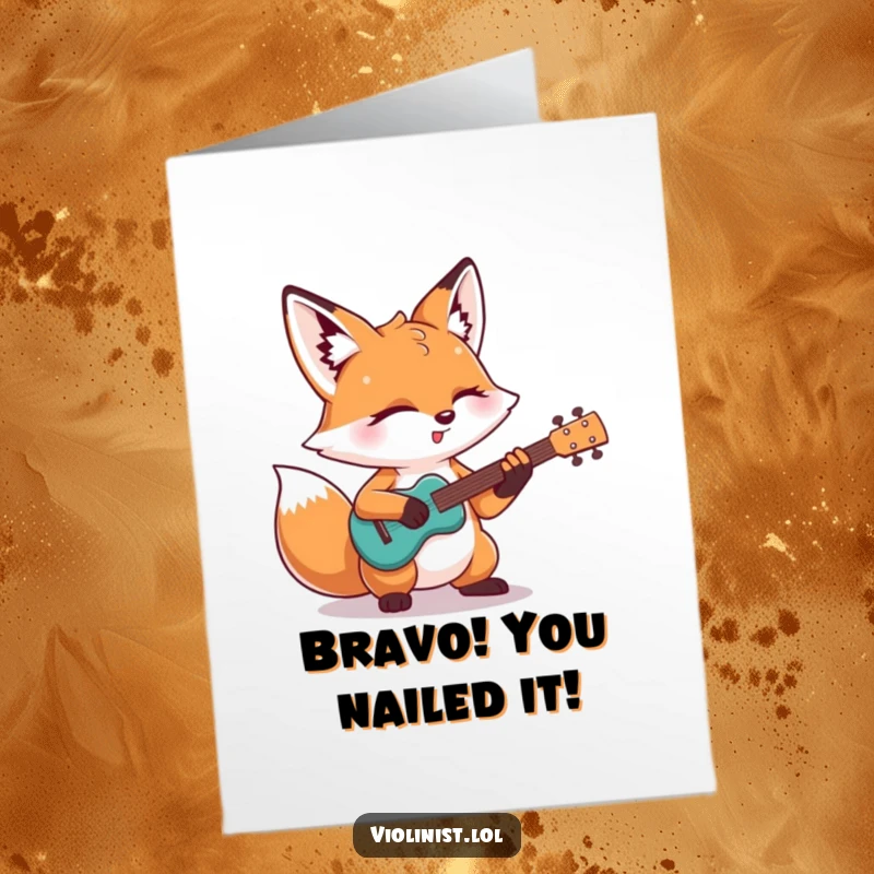 Funny Free Printable Congrats Card showing a determined fox passionately playing a guitar solo, celebrating an amazing achievement.