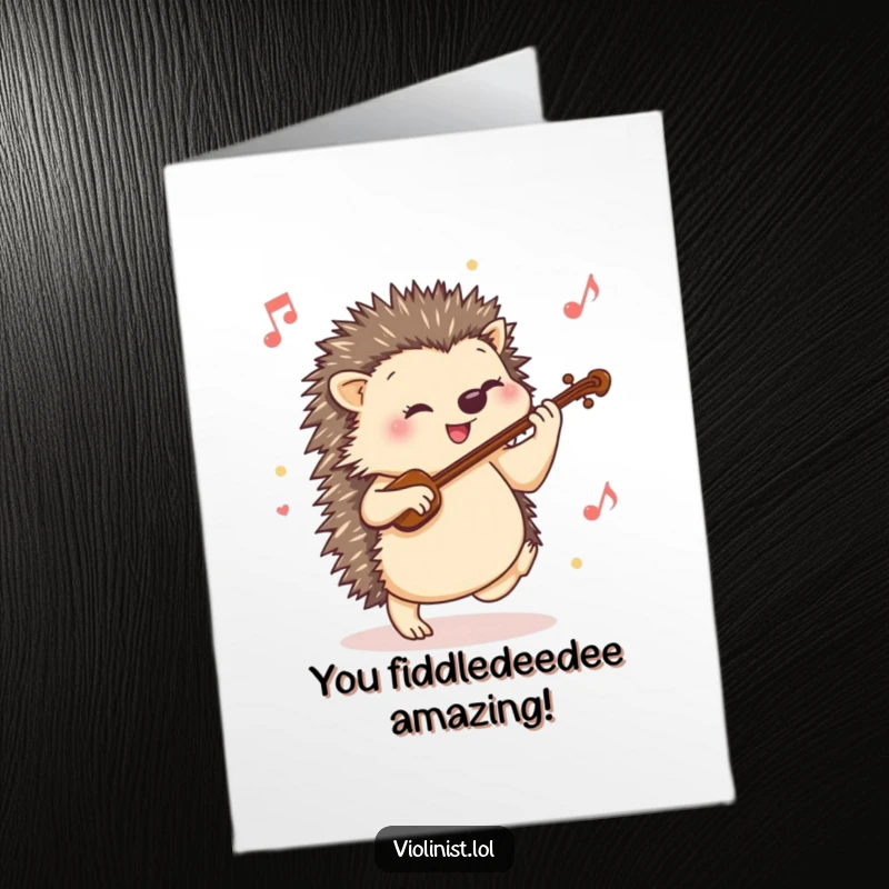 Free Printable Congratulations Card: A happy hedgehog tapping its foot to lively violin music, celebrating a significant accomplishment.