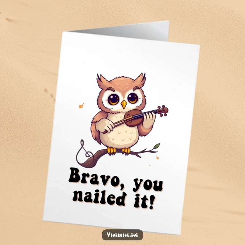 Funny Free Printable Congratulations Card: A curious owl plays a violin on a musical note, celebrating a harmonious achievement.