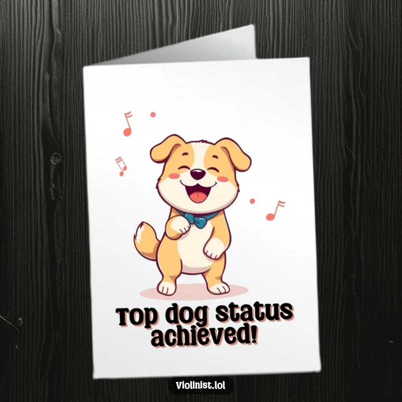 Funny Free Printable Congrats Card: Happy dog tapping its foot energetically to a melody, celebrating success with pure joy.