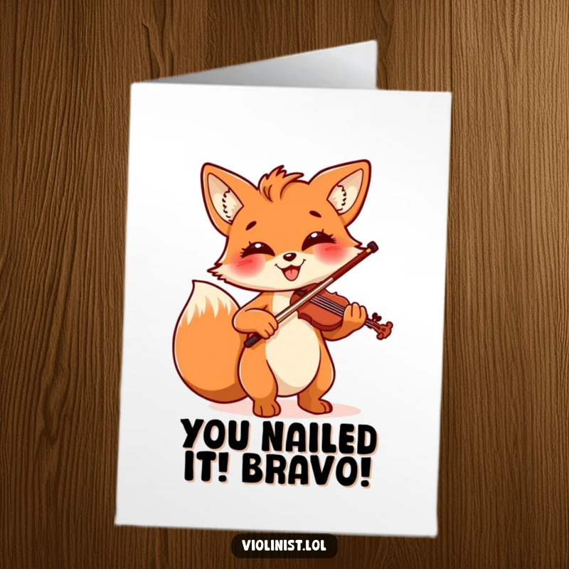 Free Printable Congratulations Card: Cheerful fox with a huge smile playing the violin, celebrating an achievement.