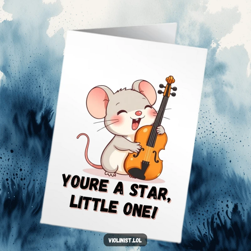 Free Printable Congratulations Card: A tiny mouse giggling while playing a comically oversized violin.