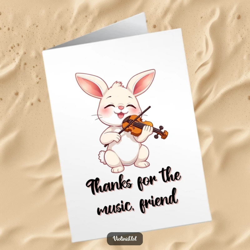Funny Free Printable Thank You Card: A bunny bows a tiny violin, lost in blissful musical ecstasy.