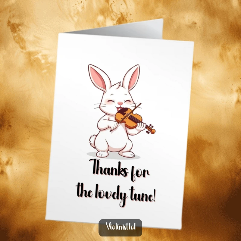Funny Free Printable Thank You Card: Determined bunny eyes closed, passionately playing violin to express humorous gratitude.