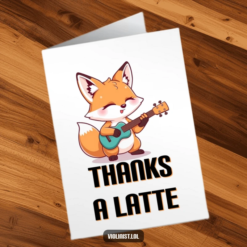 Funny Free Printable Thank You Card: A determined fox plays a soulful guitar solo, expressing heartfelt thanks with closed eyes.