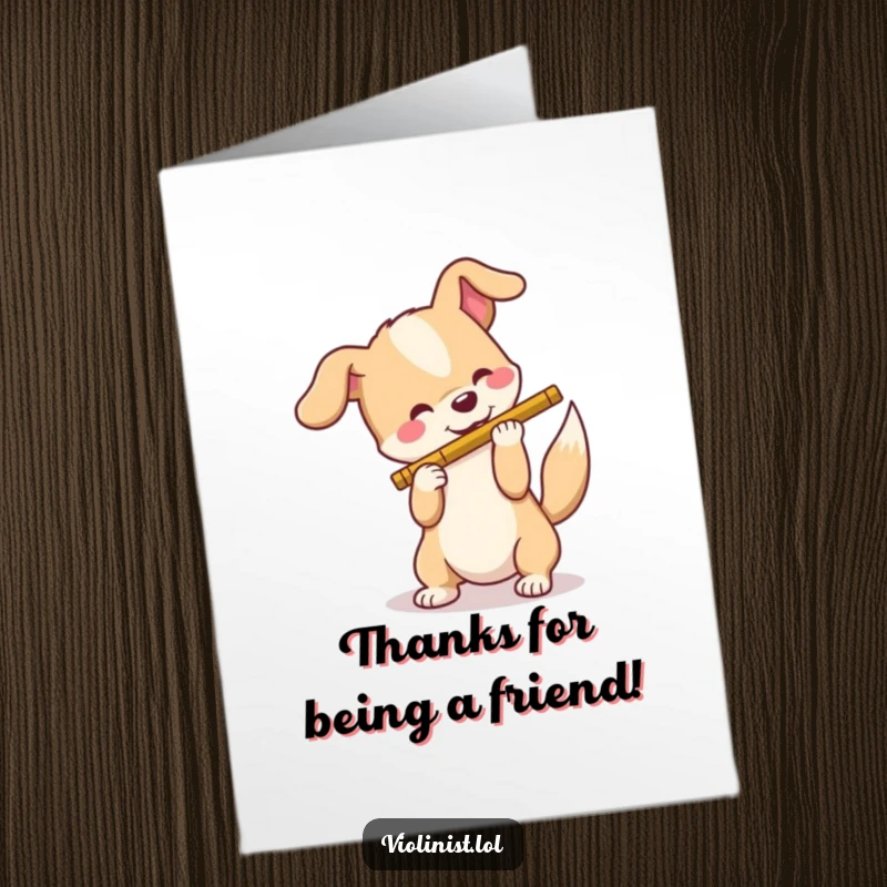 Funny Free Printable Thank You Card: joyful dog attempting to play a flute, wagging tail, perfect downloadable art.