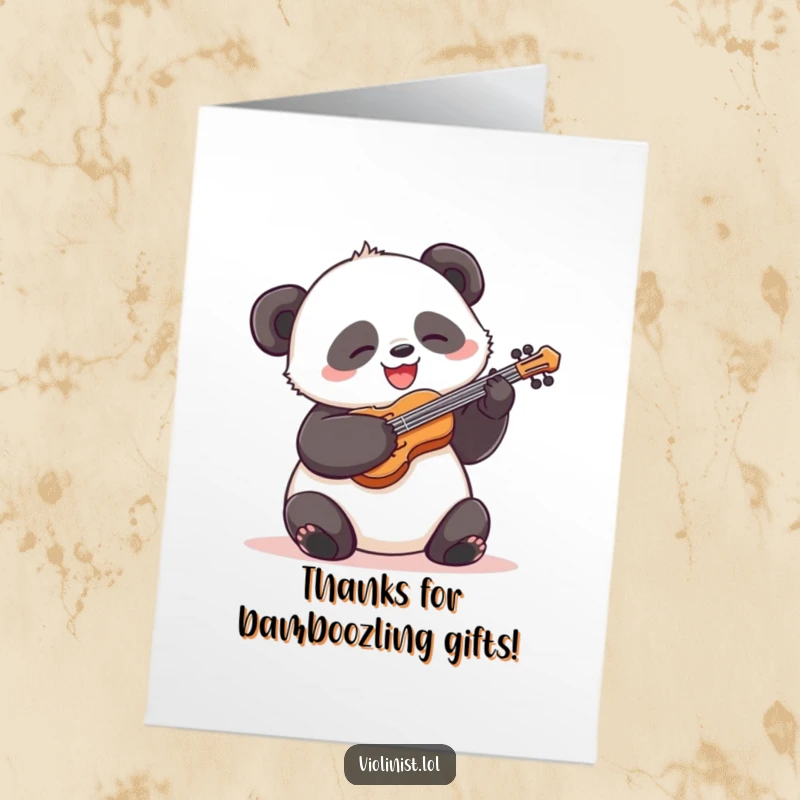 Funny Free Printable Thank You Card: Silly panda with a happy grin, energetically strumming a tiny violin, conveying thanks with music.