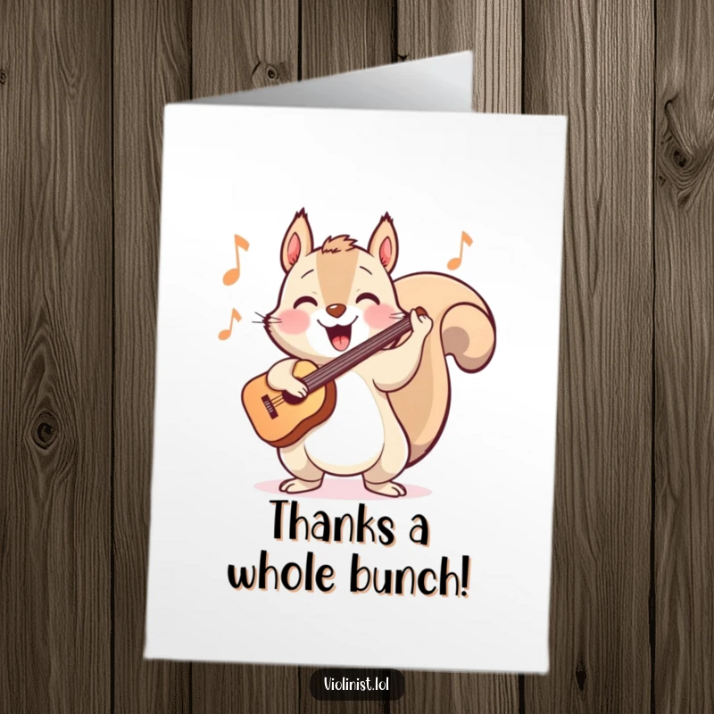 Free Printable Thank You Card: A happy squirrel energetically bopping its head while playing a joyful tune.