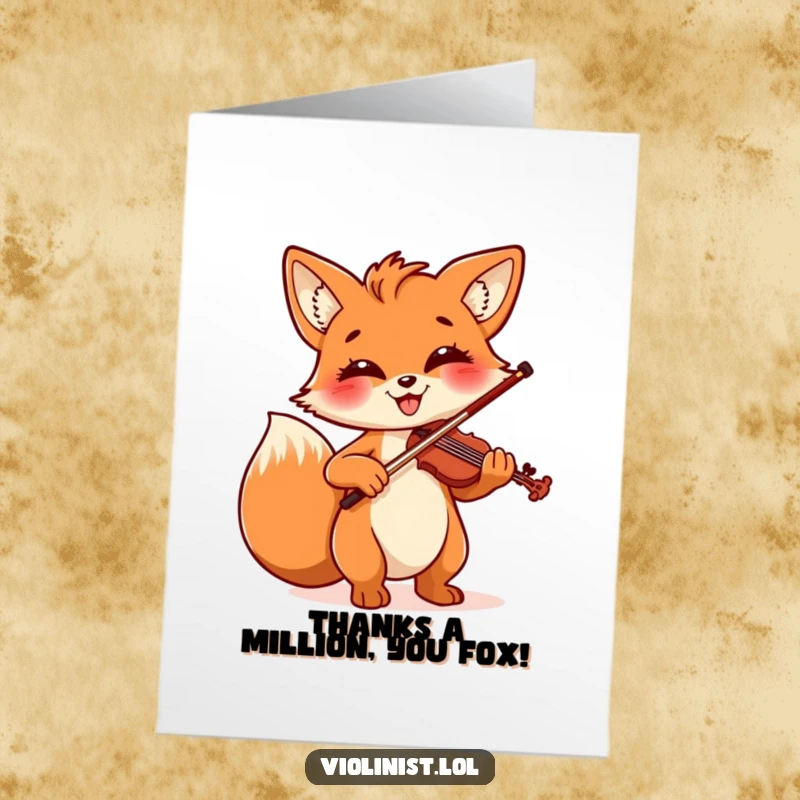 Free Printable Thank You Card: A happy fox playing the violin energetically, conveying gratitude with a smile.