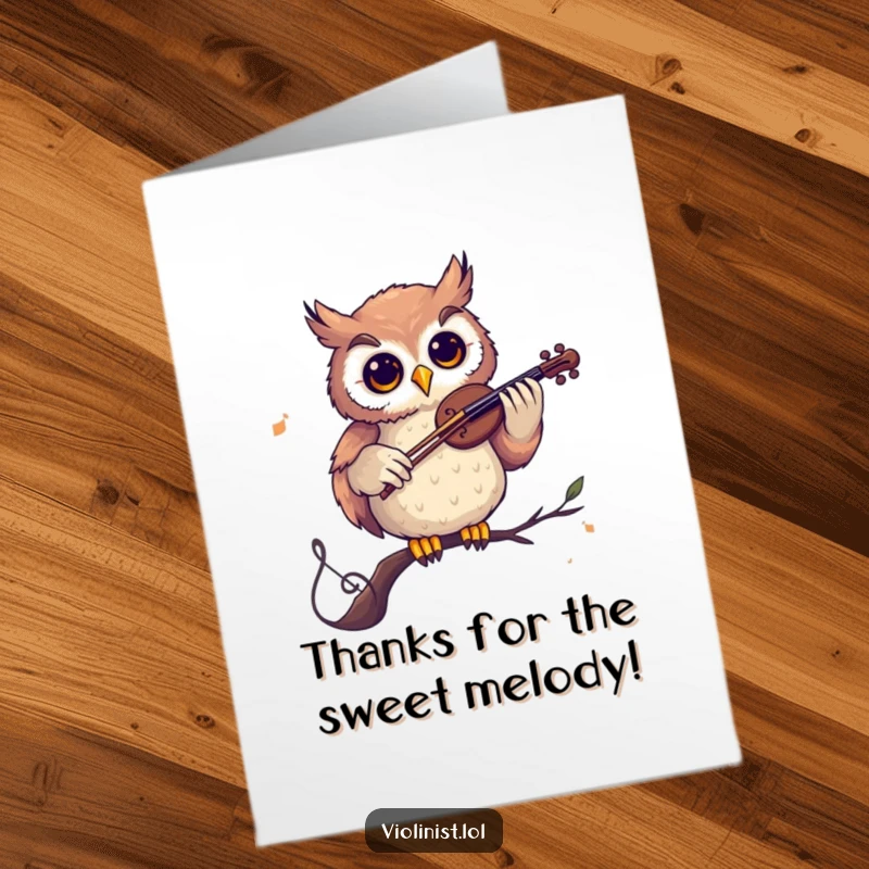Funny Free Printable Thank You Card: A curious owl plays a violin on a musical note, sending thanks musically.