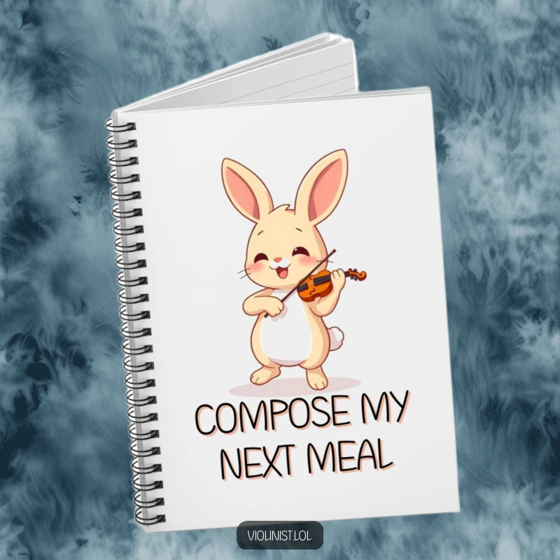 Funny bunny energetically playing a violin, ready to compose music, on a notebook cover, great funny gift.