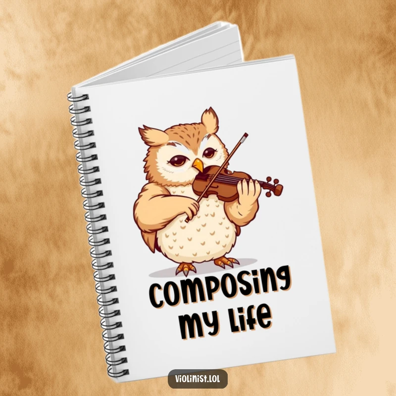 Funny owl notebook, content expression, playing a violin piece, perfect for journaling with a humorous and artistic touch.