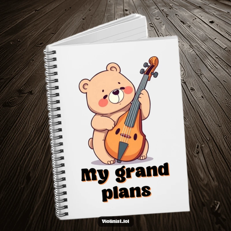 Funny bear playing a massive cello with joy, featured on this notebook for jotting down creative ideas humorously.