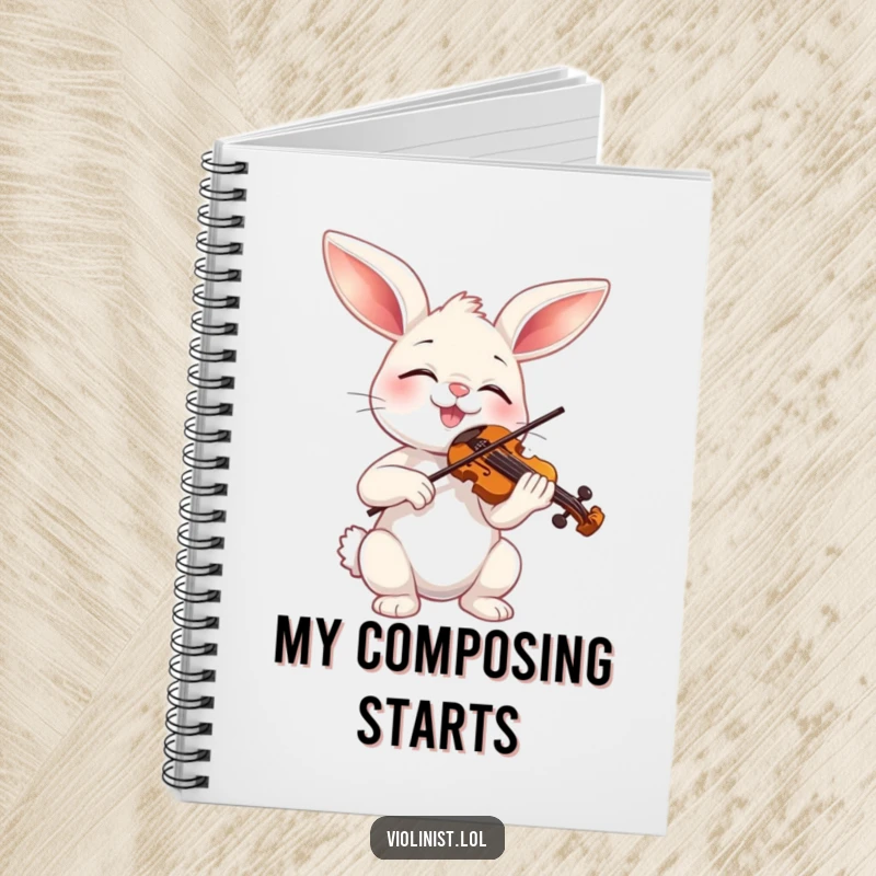 Funny bunny engrossed in playing a miniature violin, featured on this notebook for jotting down creative ideas humorously.