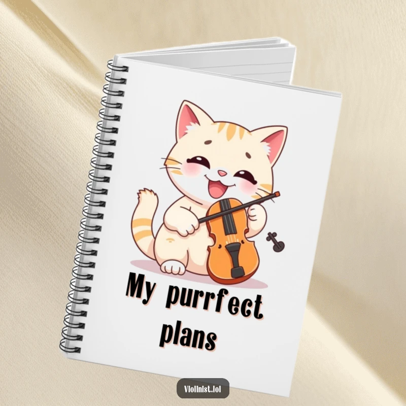 Funny cat notebook cover with a cheerful feline enthusiastically playing a tiny violin, perfect for jotting down musical thoughts.