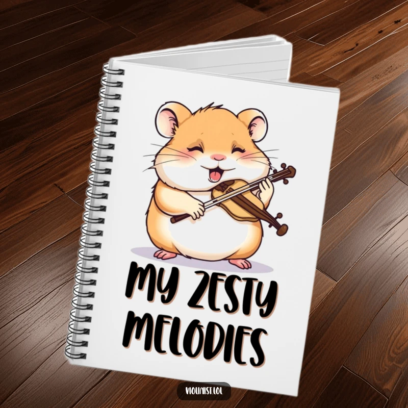 Funny hamster notebook with a giggling hamster intently sawing a miniature violin, ideal for jotting down musical ideas humorously.