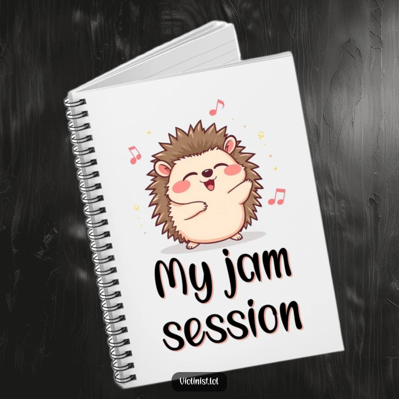 Funny hedgehog notebook, giggling with eyes closed, swaying to music, ideal for note-taking with a humorous and musical flair.