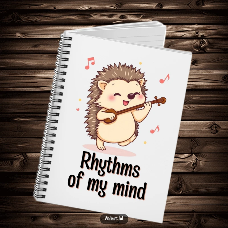 Funny hedgehog notebook showing a happy hedgehog tapping its foot to a lively violin tune, ideal for note-taking with musical spirit.