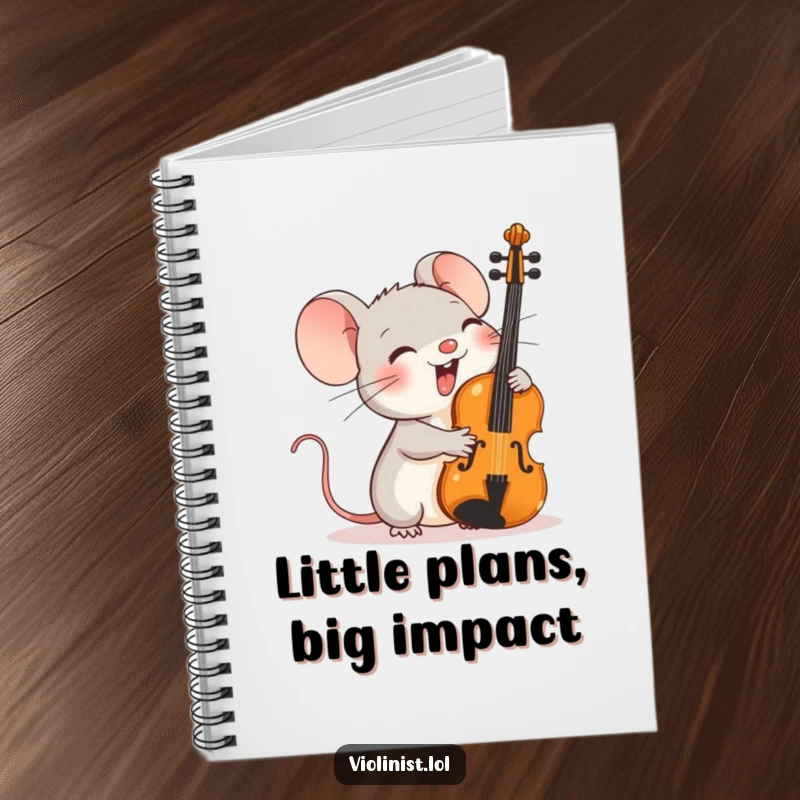 Funny notebook featuring a tiny mouse giggling gleefully while holding an oversized violin against its shoulder.