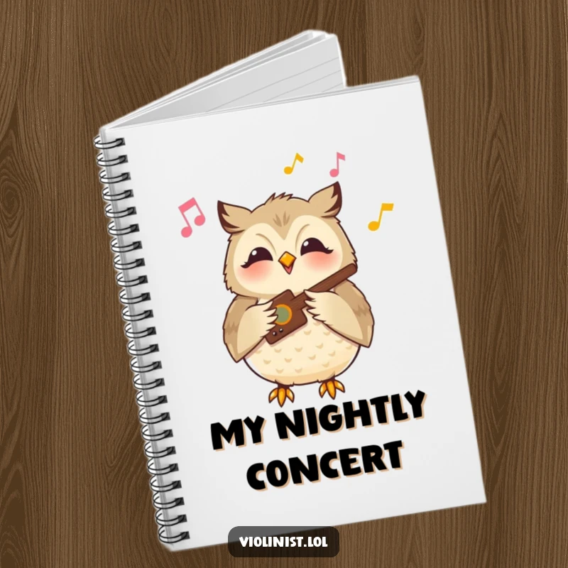 Funny owl notebook with a content owl playing a musical instrument with a serene smile, ideal for jotting down musical ideas humorously.