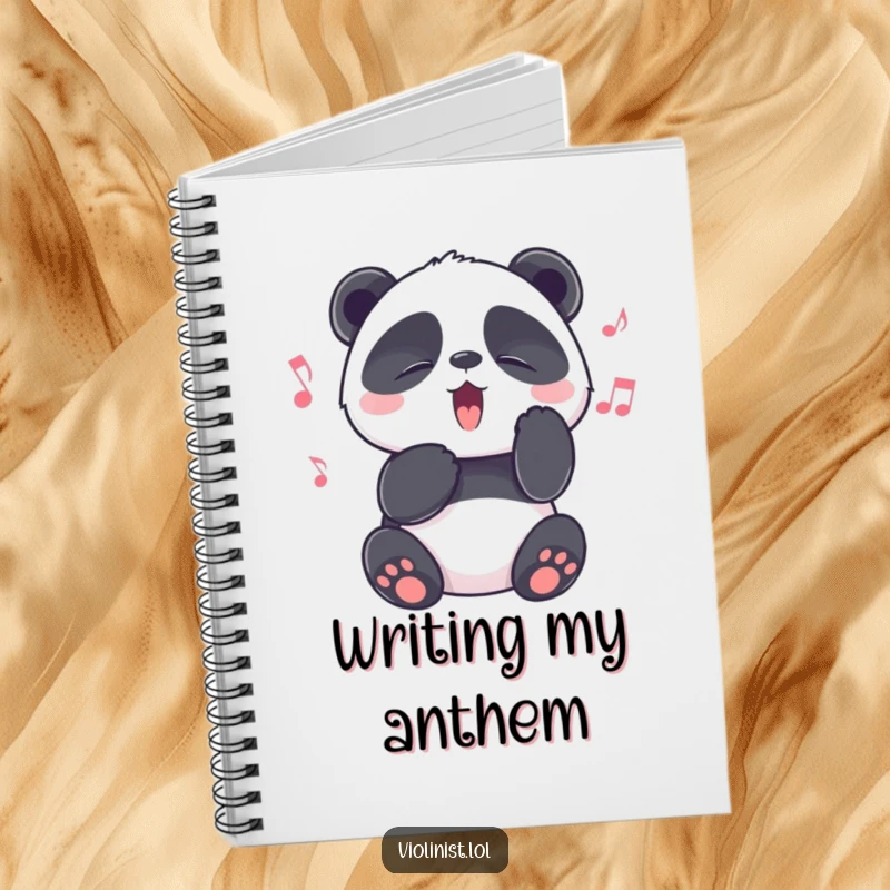 Funny panda with eyes shut tight in melodic bliss, ready to compose, on a notebook cover, great funny gift.