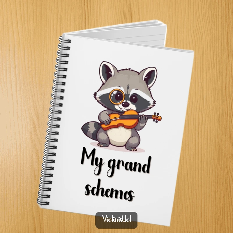 Shy raccoon wearing a monocle playing a tiny fiddle, depicted on the cover of a notebook.