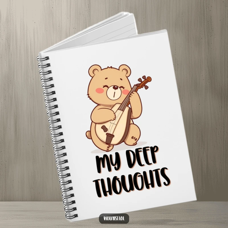 Funny determined bear playing a cello with enthusiasm, depicted on the cover of a notebook.