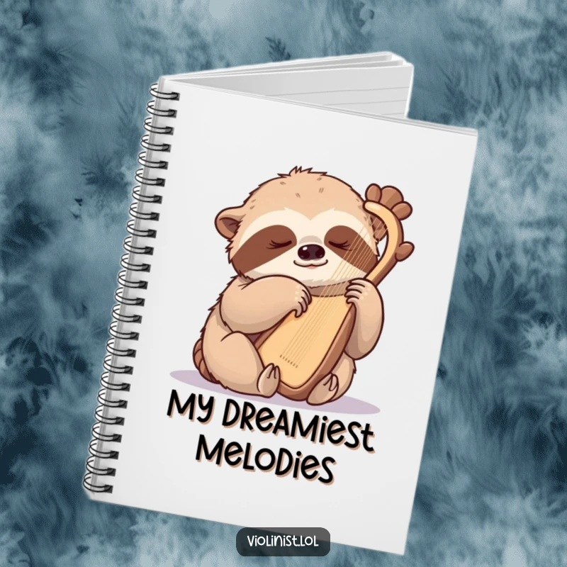Funny sloth notebook, a sleepy sloth gently plucking a harp with one claw, encouraging mindful writing and peaceful contemplation.