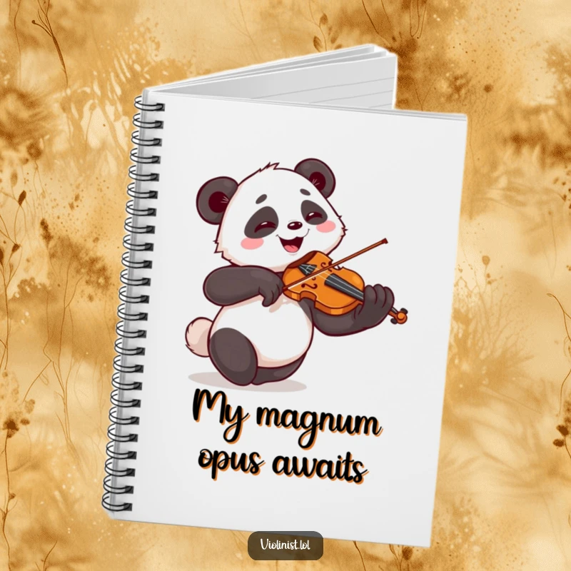 Funny notebook with a giggling panda enthusiastically playing the violin with dramatic flourish, perfect for jotting notes humorously.