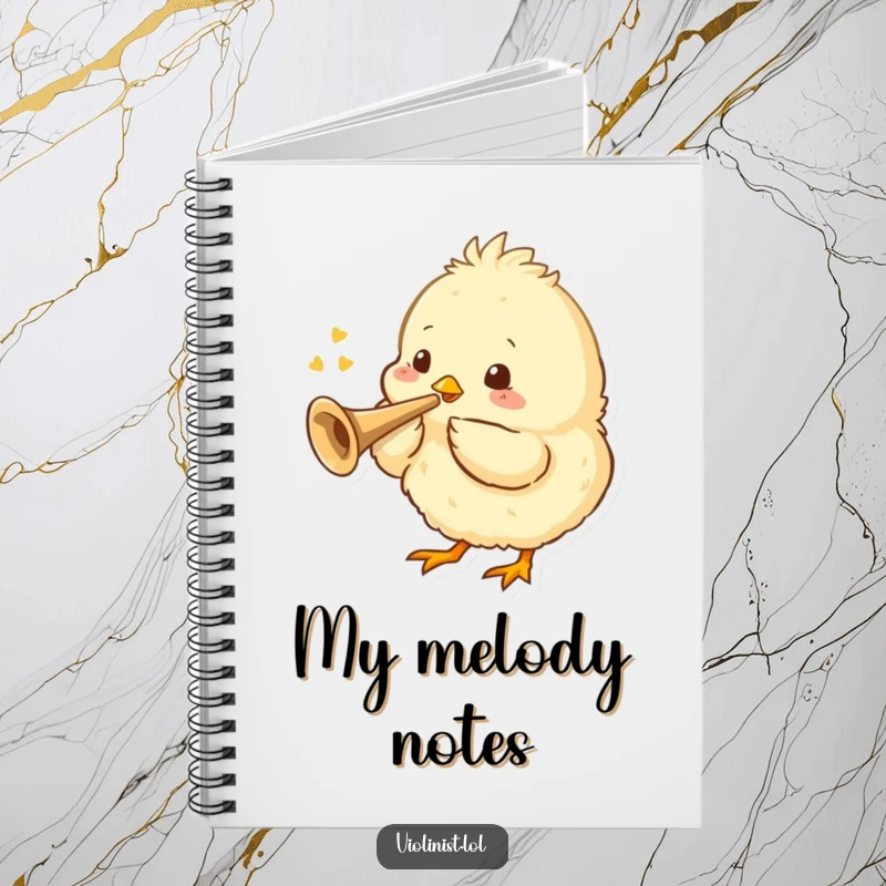 Funny notebook with a fluffy chick playing a tiny trumpet, perfect for jotting down cute ideas.
