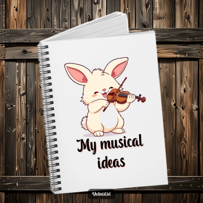 Funny notebook cover with a fluffy bunny joyfully playing the violin with enthusiasm, inspiring musical notes.