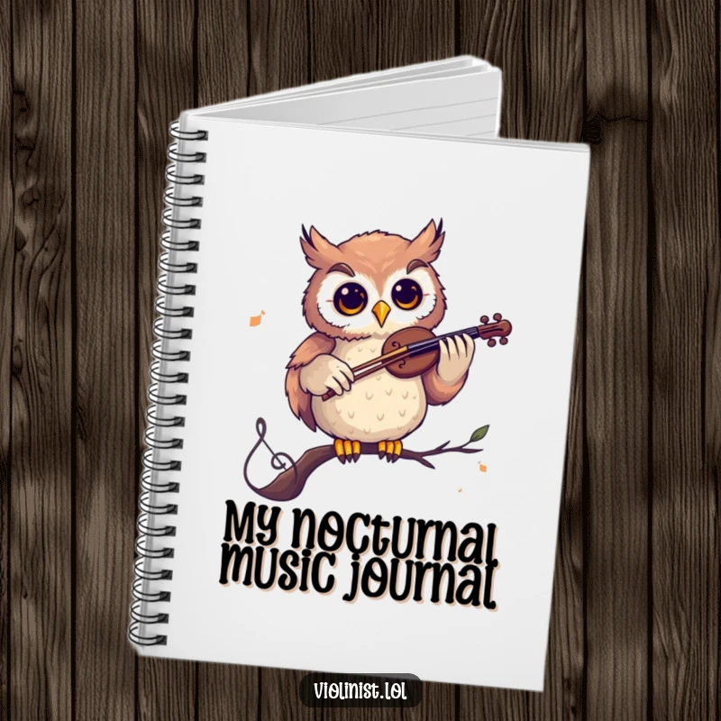 Funny notebook with a curious owl playing a violin on a musical note, inspiring wise thoughts and humorous musical ideas.