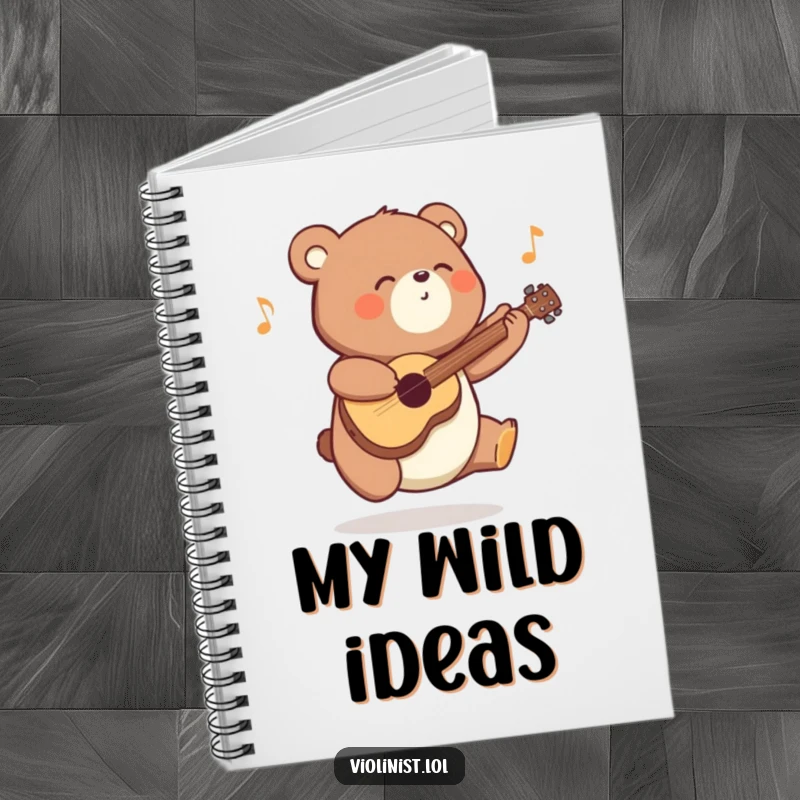 Funny energetic bear notebook, shown mid-bounce playing a happy tune, ready to capture thoughts and musical notations with vibrant energy.