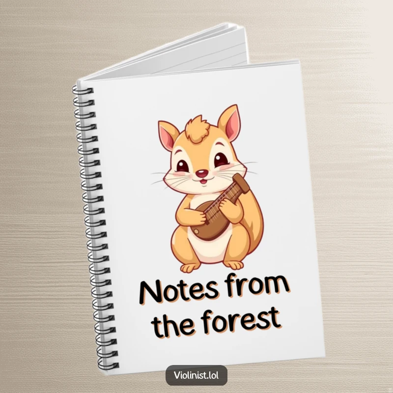 Funny squirrel notebook showing a curious squirrel playing a tiny harp, ideal for note-taking with a musical and whimsical spirit.