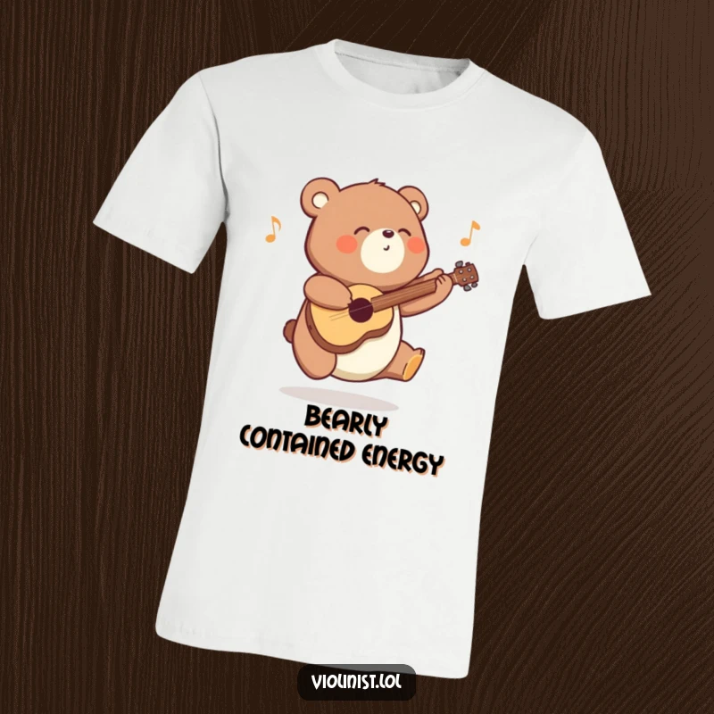Funny energetic bear t-shirt, bouncing and playing a joyful tune, expressing pure happiness and musical enthusiasm for all to see.