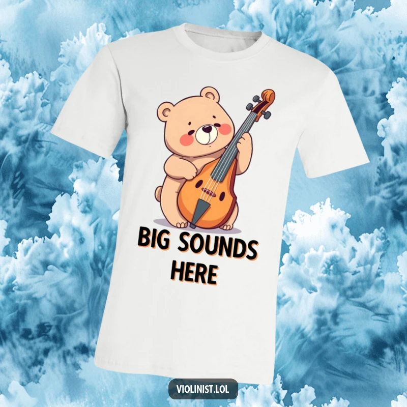 Funny bear giggling and playing a massive cello with a joyful expression, printed on this fun t-shirt.