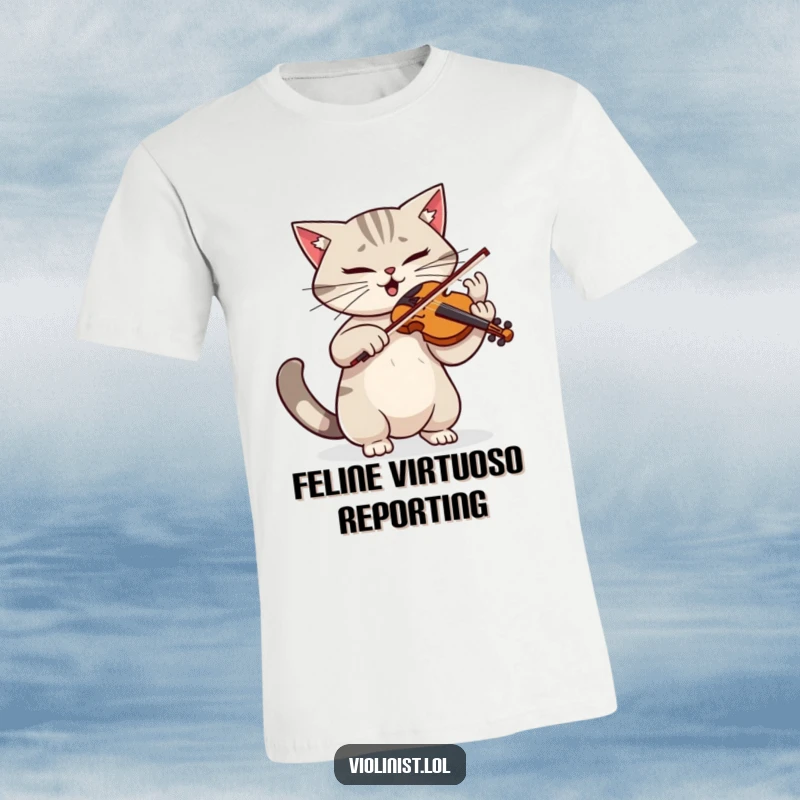 Funny t-shirt of a determined cat playing violin with dramatic flair and a tail twitch, embracing its inner concertmaster.
