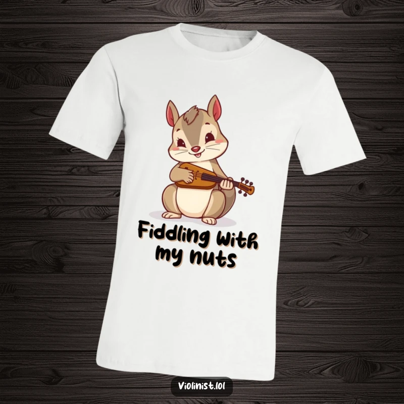 Funny t-shirt: An energetic squirrel plays a tiny fiddle with gusto, embodying lively folk music and humor for gift recipients.
