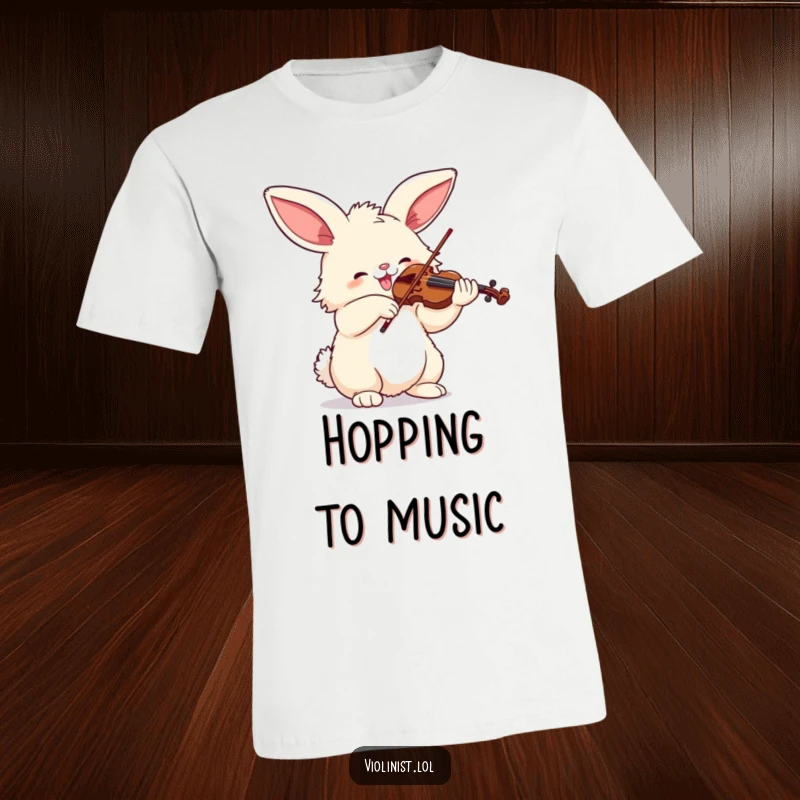 Funny t-shirt graphic of a fluffy bunny with big ears enthusiastically playing the violin, embodying musical joy.