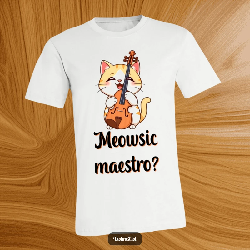 Funny t-shirt print of a confused-looking cat holding a violin upside down, showcasing a comical musical mishap.
