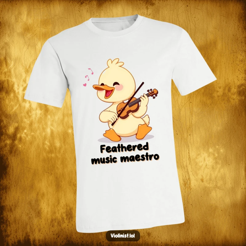 A cheerful duck passionately playing a violin with virtuosic flair, showcased on a t-shirt.