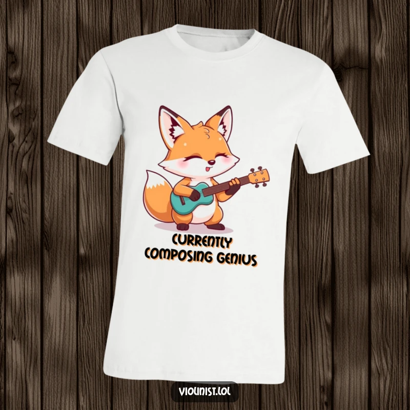 Funny t-shirt: A determined fox plays an epic guitar solo with eyes closed, a hilarious depiction for music enthusiasts and gift seekers.